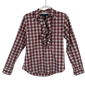 Ralph Lauren Christmas Plaid Ruffle Front Button Down Shirt Size 6 Cotton Holida
